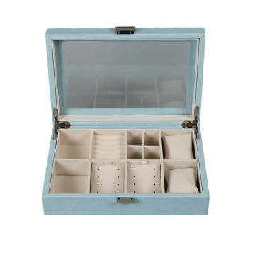 DS Customized Elegant Blue Wood Storage Box with Display Window Wooden Jewelry Box